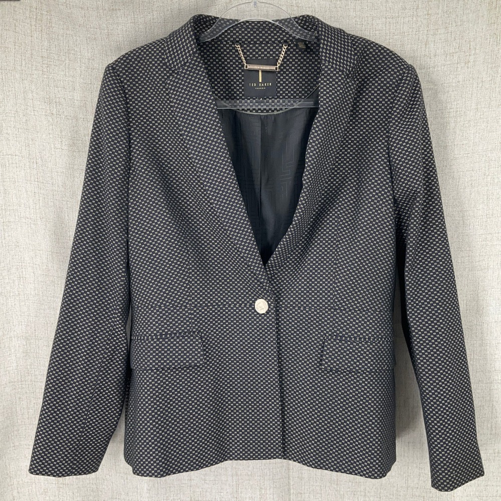 Ted Baker London Geometric Diamond Blazer Womens Navy Gold Purple Size 4